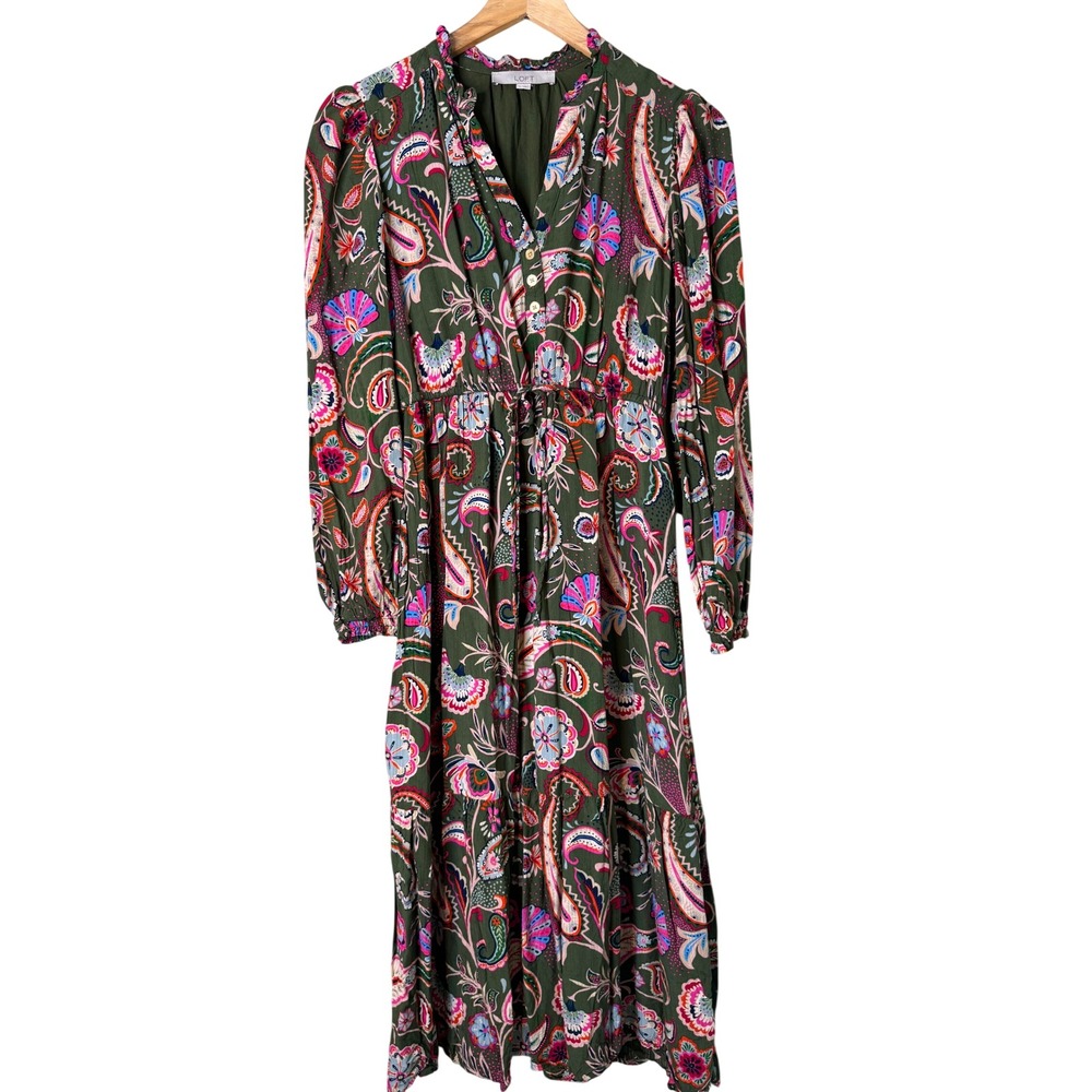 Olive Green Boho Prairie Maxi Dress Paisley Floral Cottagecore Peasant Small